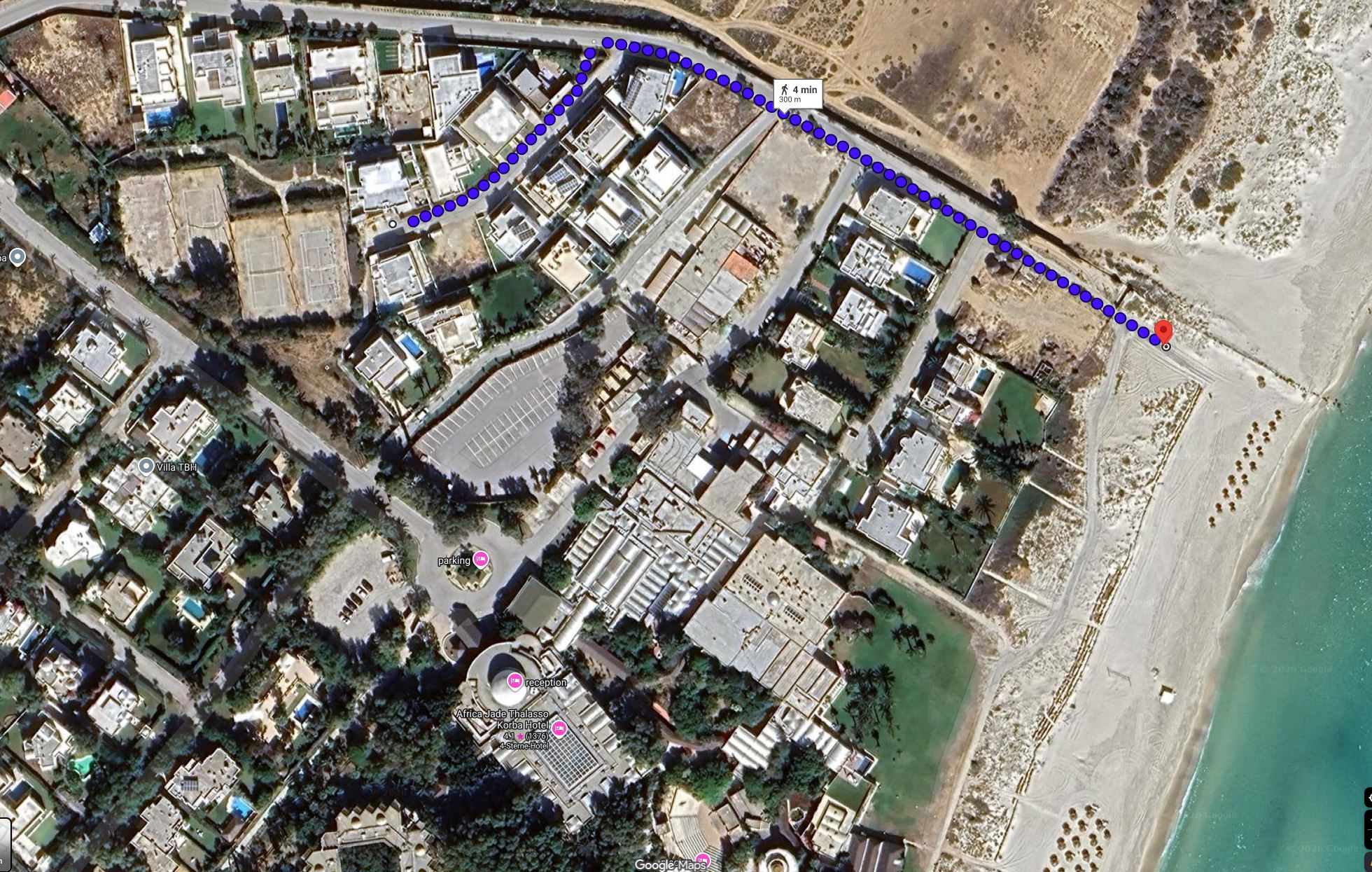 Itinéraire à pied de la villa à la plage — 4 min, 300 m